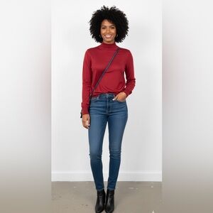 Vintage Crimson Red Silk Mock Women  Sweater Banded Collar, Waist, Cuff Sz large